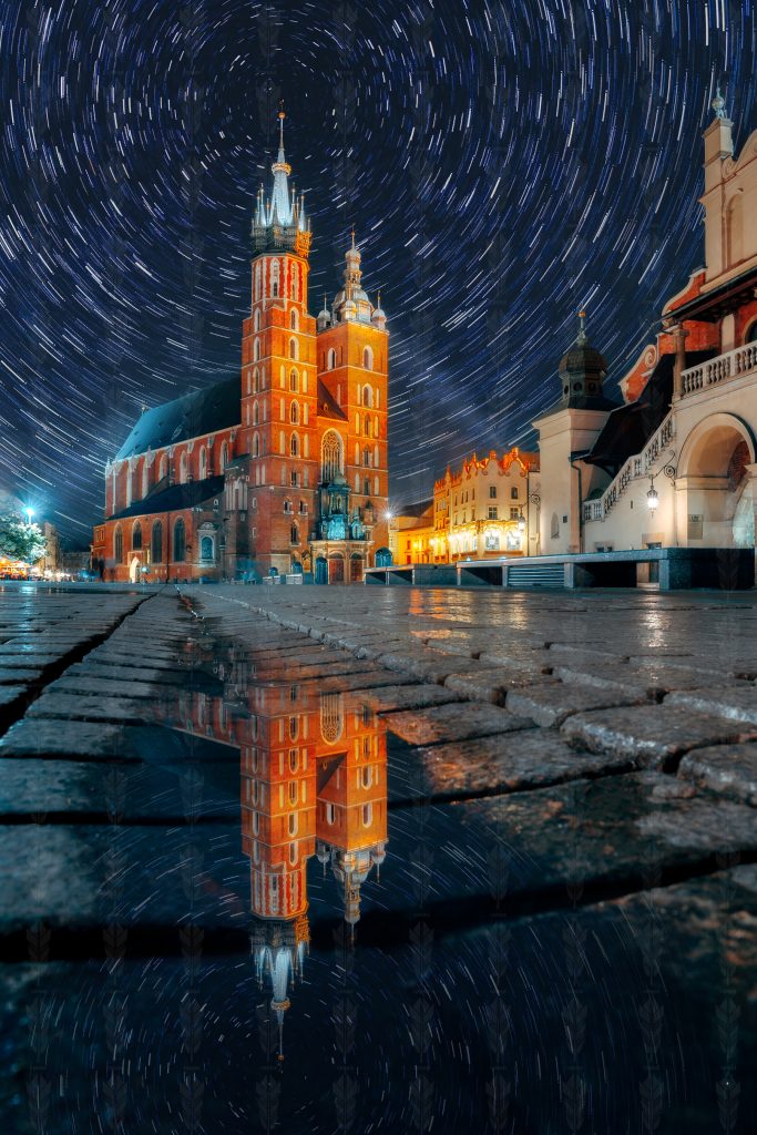 Celestial Reflections – St. Mary’s Basilica Under the Stars