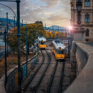 Twin Trams at Dawn – Riverside Line, Budapest